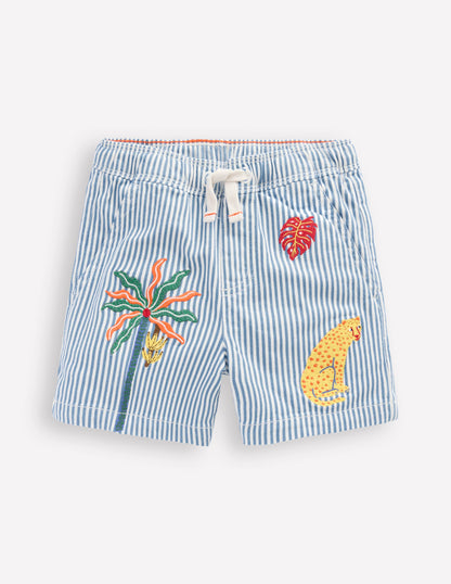Pull-On Cotton Shorts-Campanula Ticking Embroidery-1