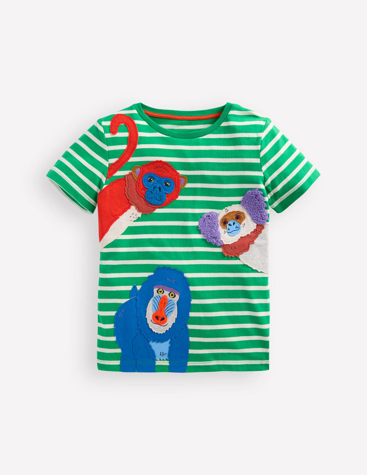 Short Sleeve Appliqué T-shirt-Bright Green Striped Monkeys