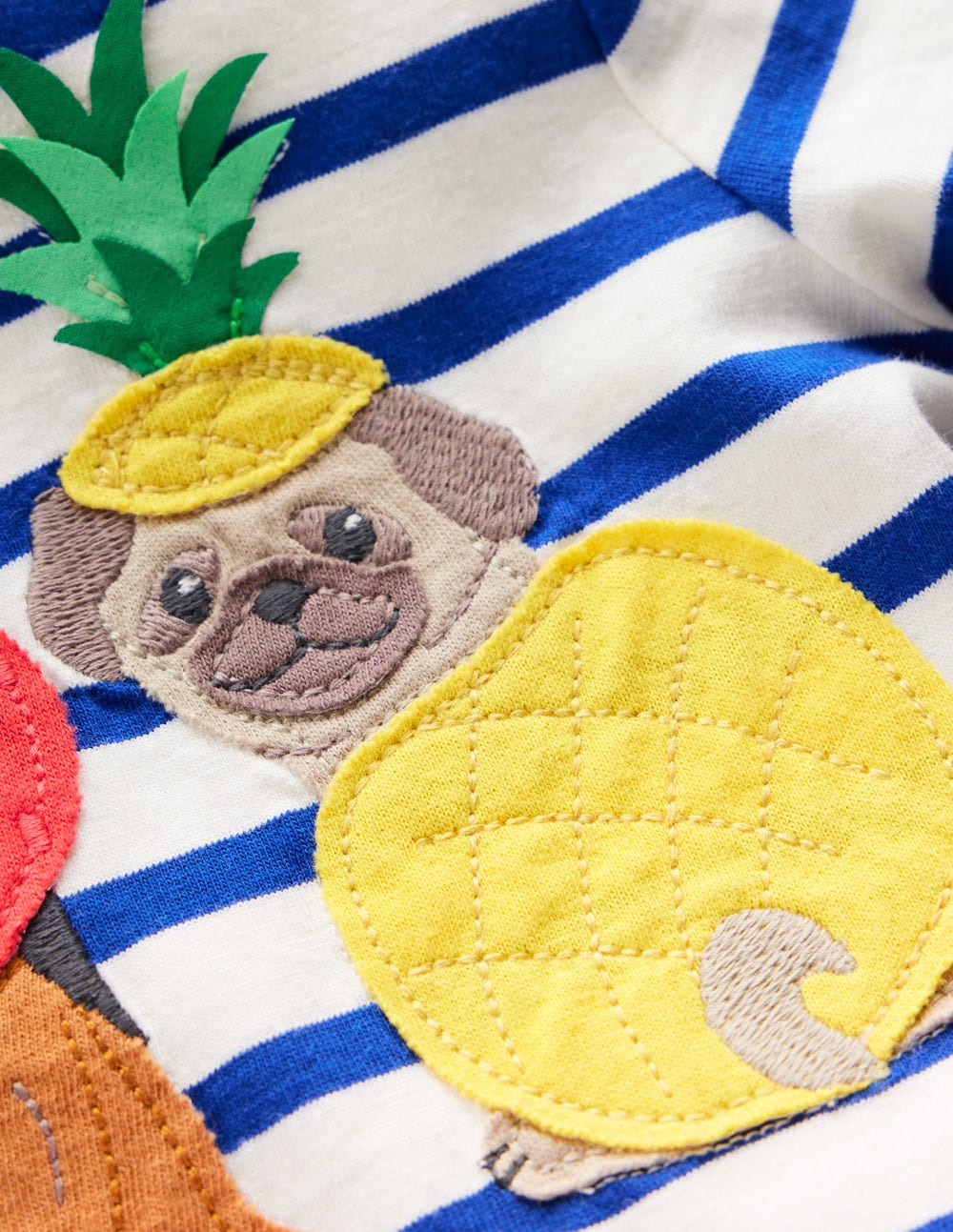 Short Sleeve Appliqué T-shirt-Bright Blue Stripe Fruit Dogs