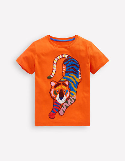 Chain Stitch T-Shirt-Hot Coral tiger-4