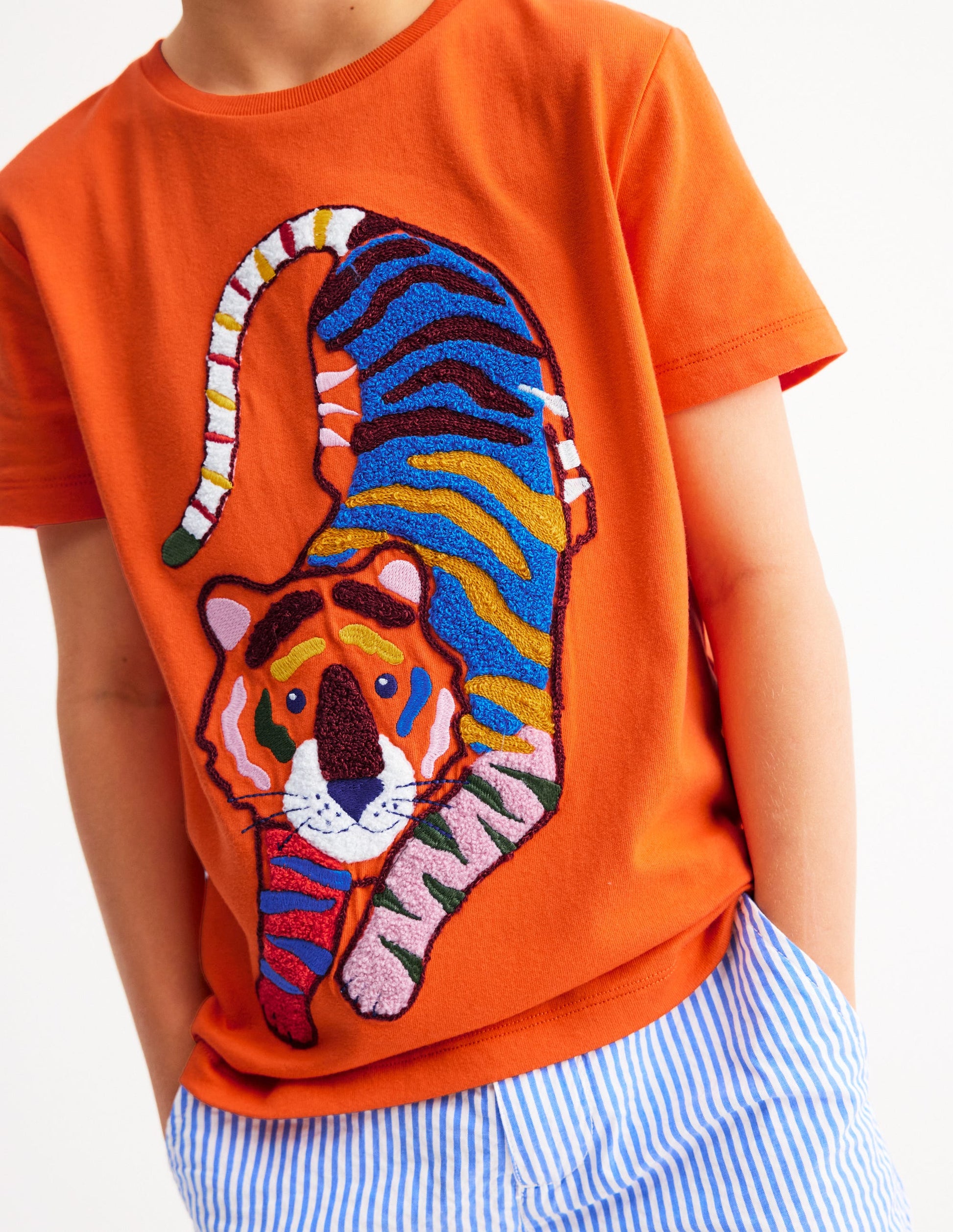 Chain Stitch T-Shirt-Hot Coral tiger-2