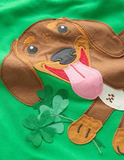 Applique Mock Sleeve T-Shirt-Sapling Green St Paddys Dog