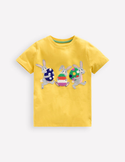 Short Sleeve Appliqué T-shirt-Lemon Yellow Bunnies