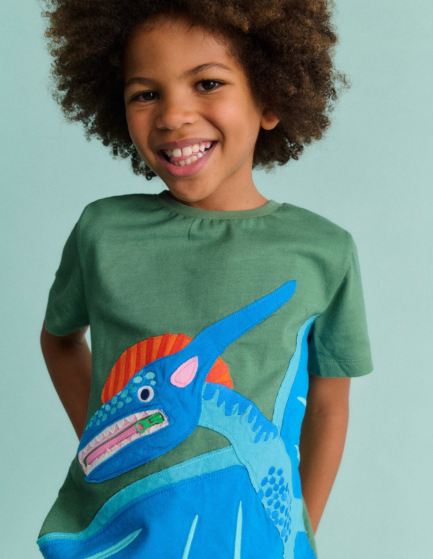 Zipper Applique T-Shirt-Newt Green Dinosaur