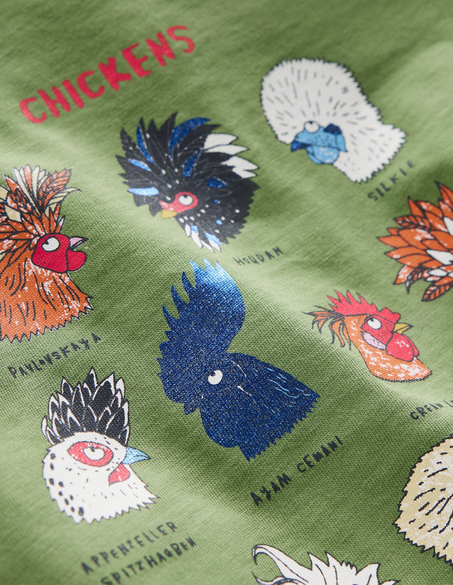 Short Sleeve Printed T-Shirt-Leaf Green Chickens