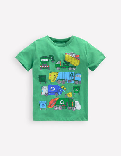 Short Sleeve Printed T-Shirt-Aloe Green Recycling trucks