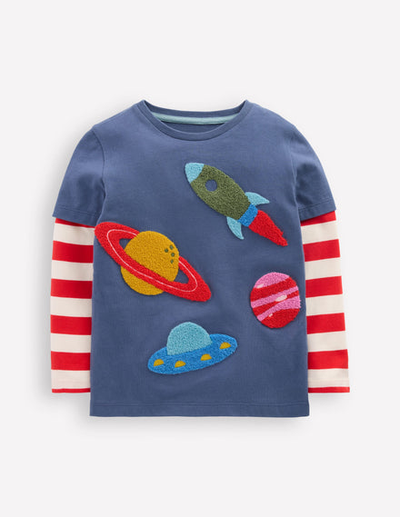 Applique Mock Sleeve T-Shirt-Robot Blue Space
