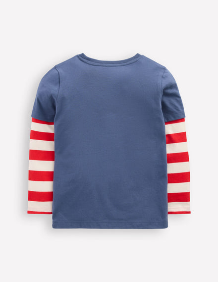 Applique Mock Sleeve T-Shirt-Robot Blue Space