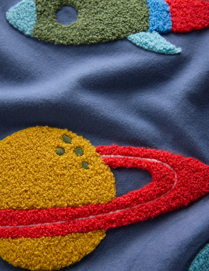Applique Mock Sleeve T-Shirt-Robot Blue Space-3