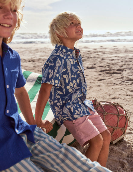 Cotton Linen Shirt-Blue Parrot Palm