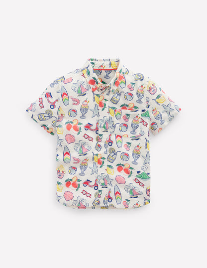 Cotton Linen Shirt-Ivory Holiday Print-4