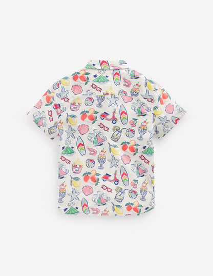 Cotton Linen Shirt-Ivory Holiday Print-5