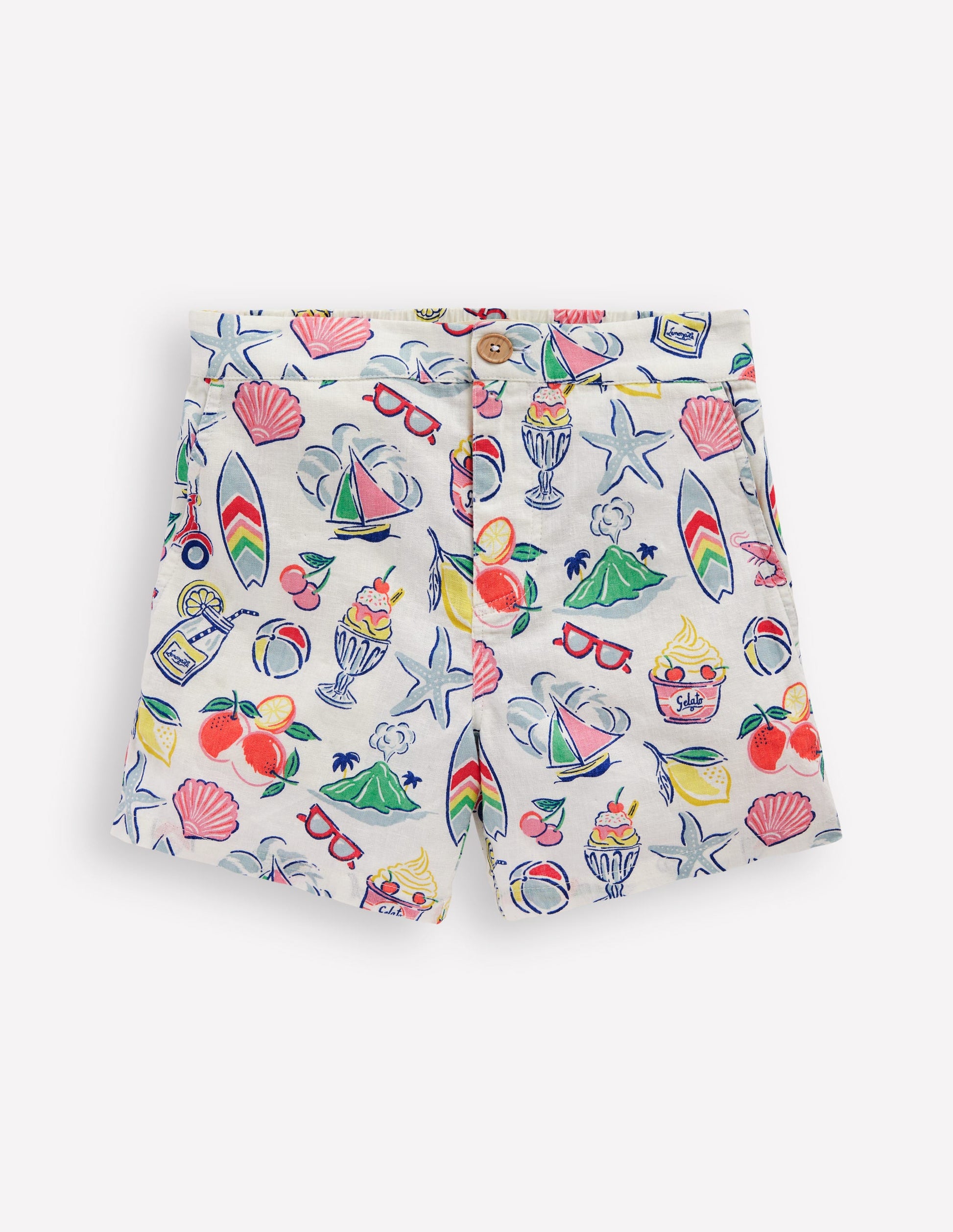 Cotton Linen Shorts-Ivory Holiday Print-1