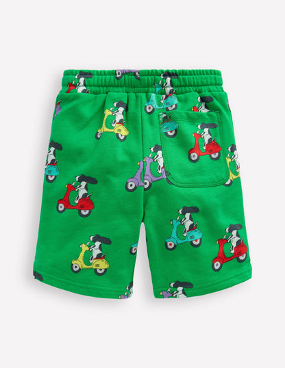 Printed Comfy Shorts-Sapling Green Puppy Scooter