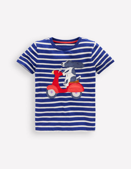 Short Sleeve Appliqué T-shirt-Caribbean Blue Stripe Dog