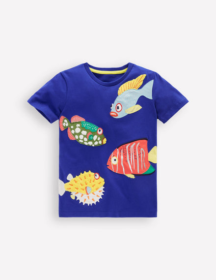 Short Sleeve Appliqué T-shirt-Sapphire Blue Fish