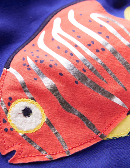 Short Sleeve Appliqué T-shirt-Sapphire Blue Fish-5