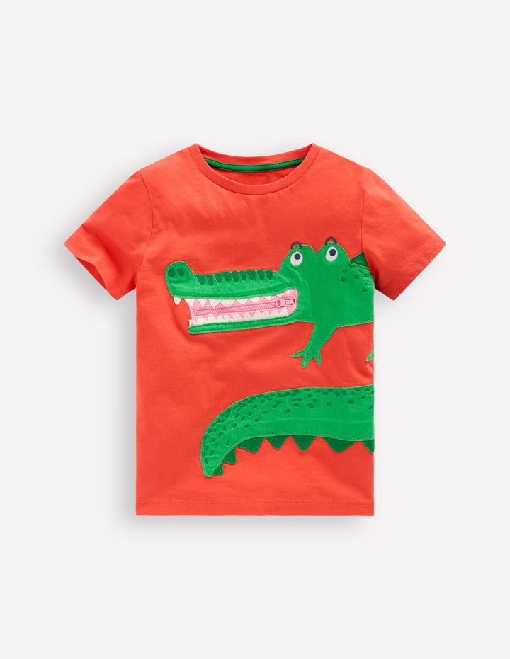 Zip Applique T-shirt-Kiln Orange Crocodile