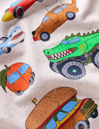 Short Sleeve Printed T-Shirt-Oatmeal Marl Silly Vehicles