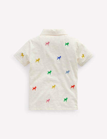 Embroidered Slub Polo Shirt-Ivory Rainbow Janet