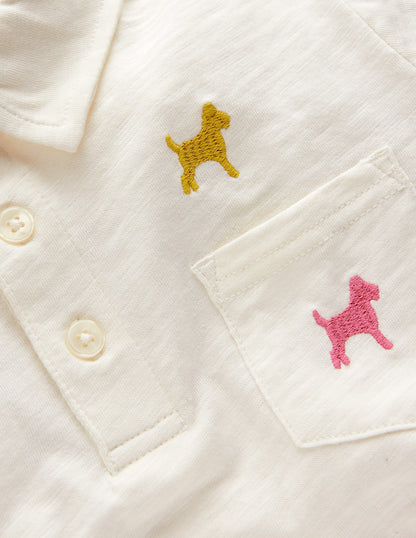 Embroidered Slub Polo Shirt-Ivory Rainbow Janet