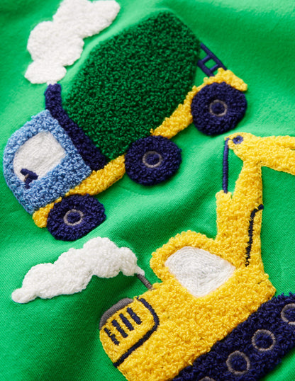 Short Sleeve Bouclé T-shirt-Green Construction Vehicles