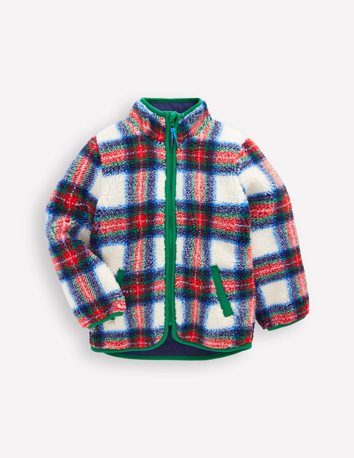 Cosy Borg Jacket-Ivory, Blue and Red Check