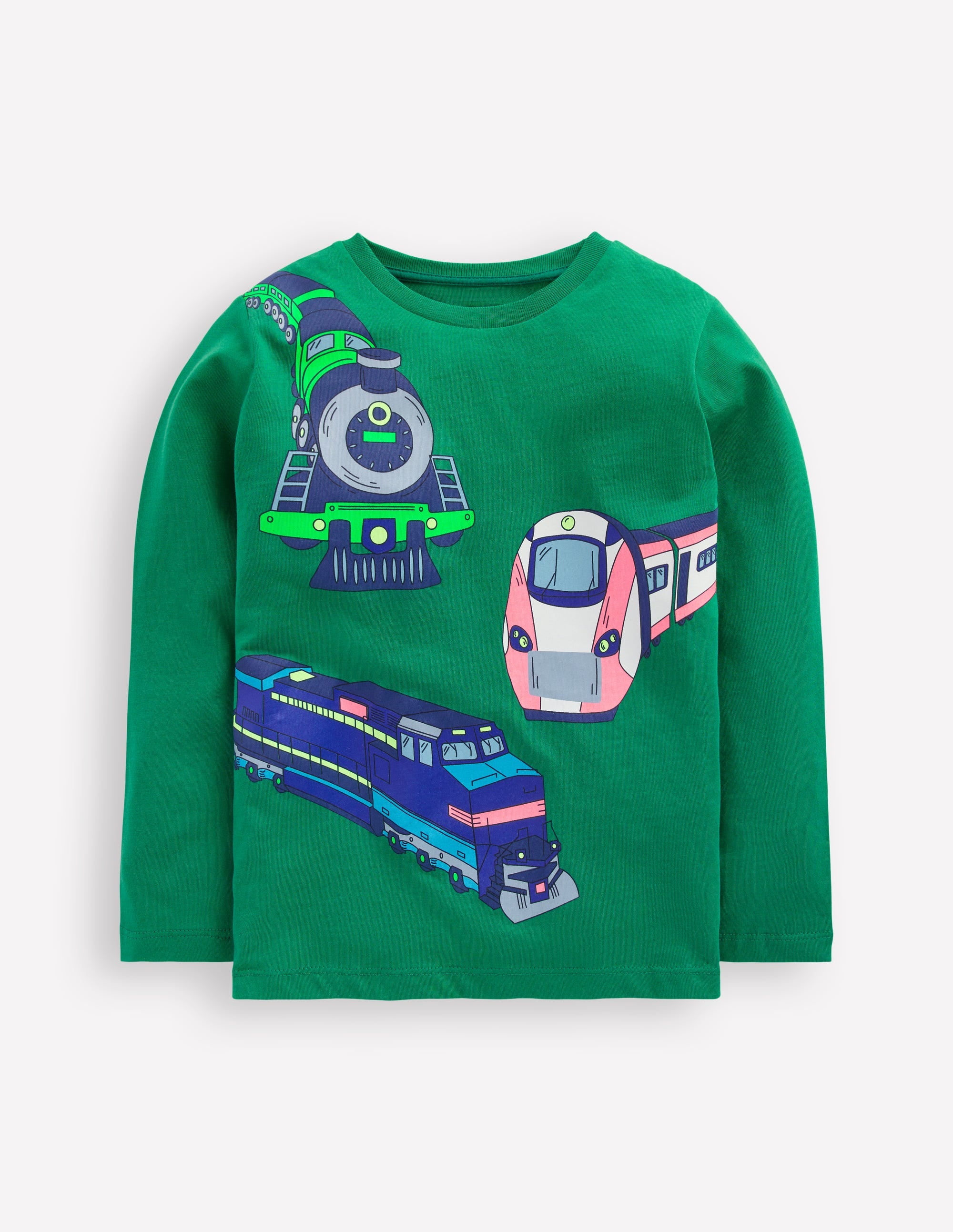Long Sleeve Printed T-shirt-Pine Green Trains - Image 1