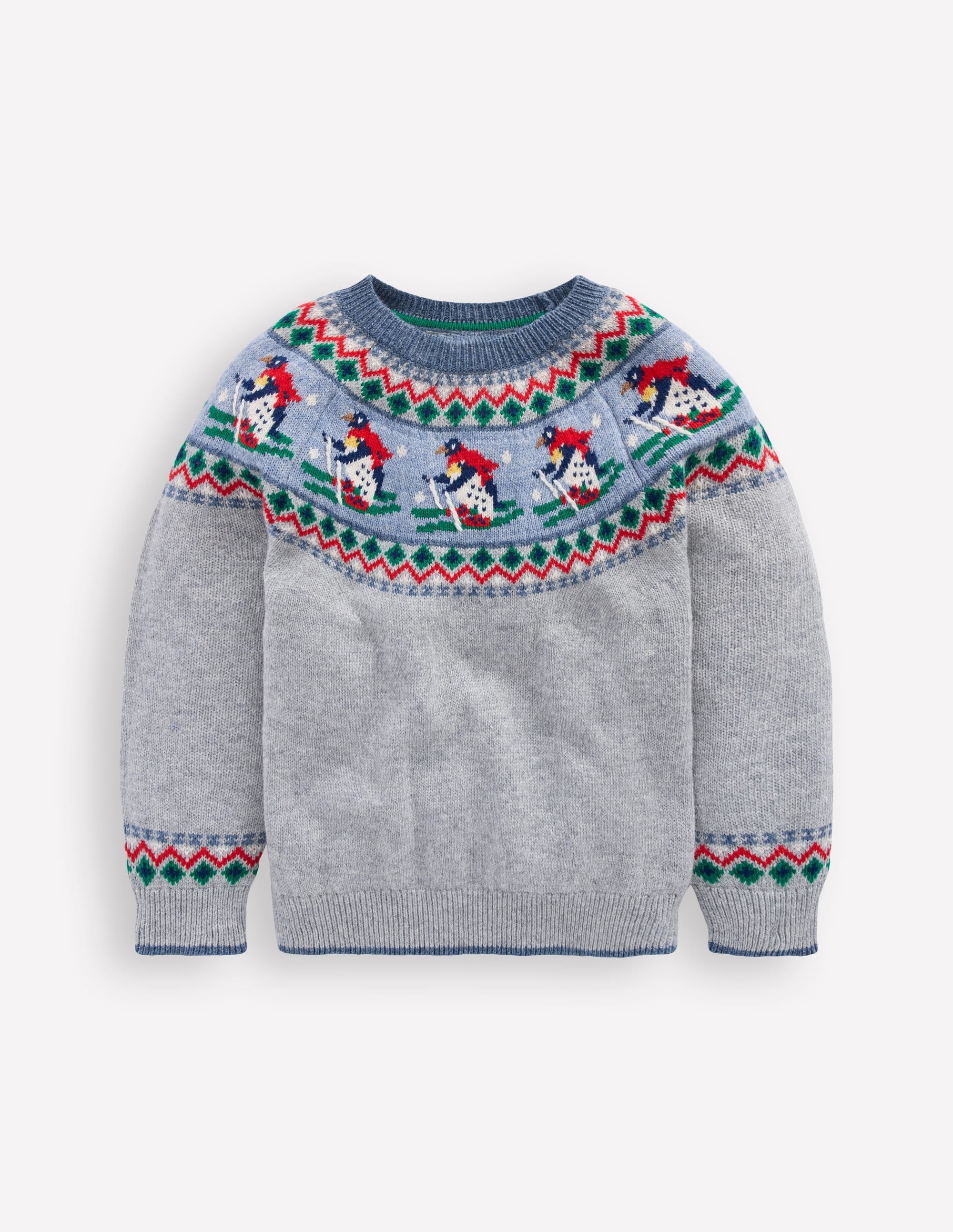 Fair Isle Jumper-Grey Marl Skiing Penguins - Image 1