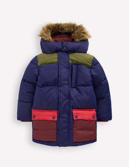 Fleece Lined Padded Coat-Navy Colourblock-2