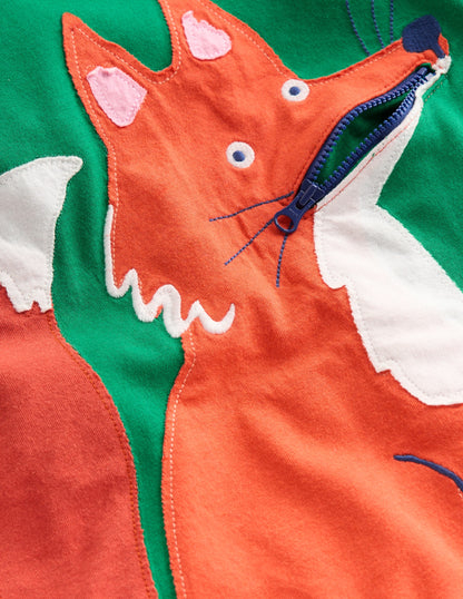 Zip Detail Appliqué T-shirt-Shady Green Fox-4