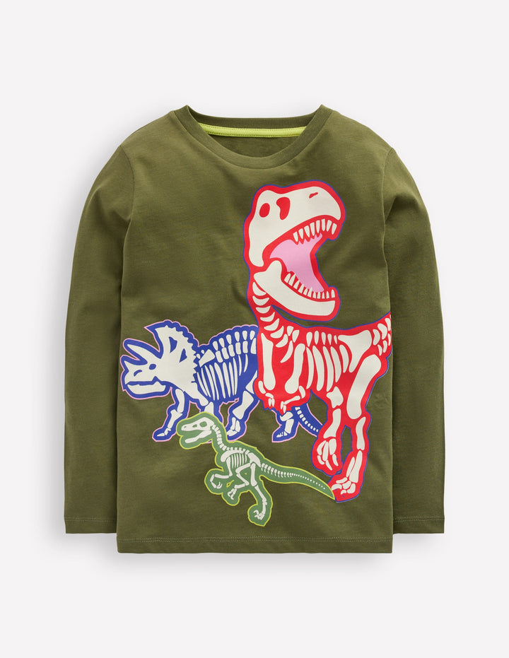 Long Sleeve Glow T-shirt-Winter Moss Dino Skeletons