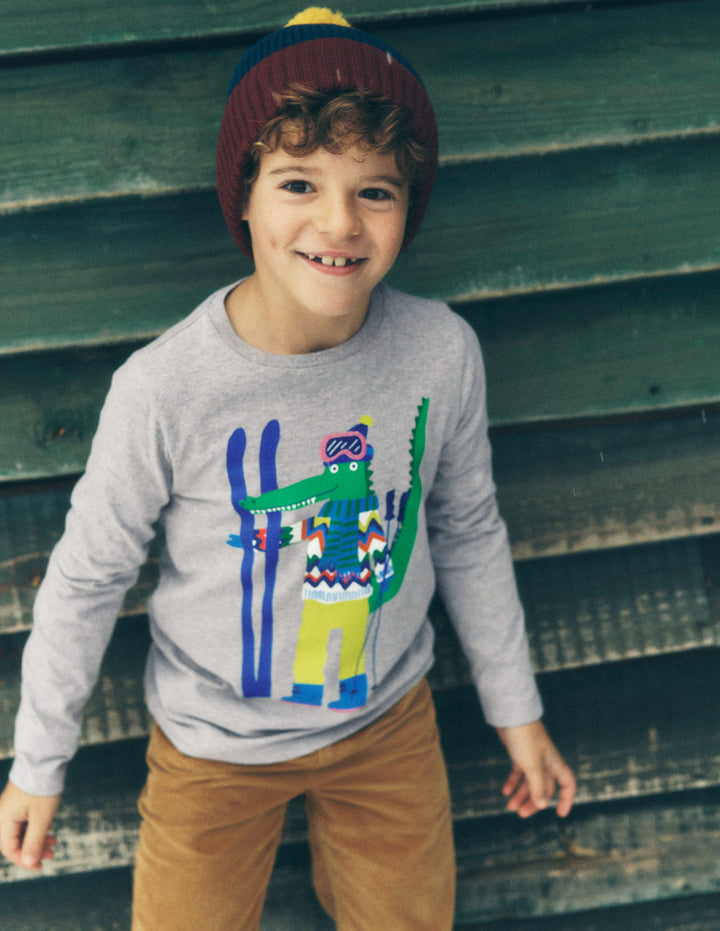 Long Sleeve Novelty T-shirt-Grey Marl Skiing Croc