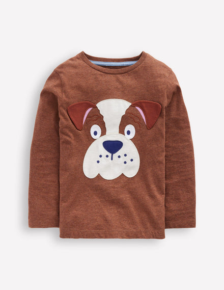 Fun Applique T-Shirt-Brown Marl Bulldog