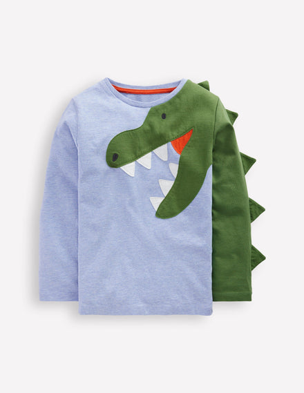 Fun Applique T-Shirt-Blue Marl Dino