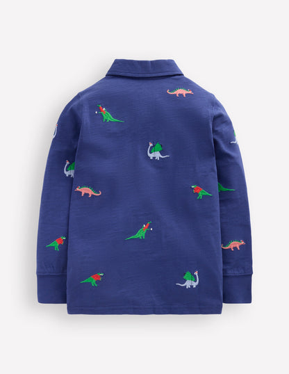 Embroidered Slub Polo Shirt-Starboard Blue Dino-2