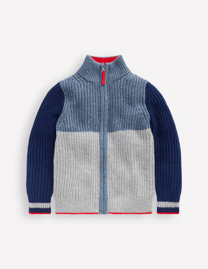 Chunky Zip-Through Jumper-Grey Marl Colour Block-1
