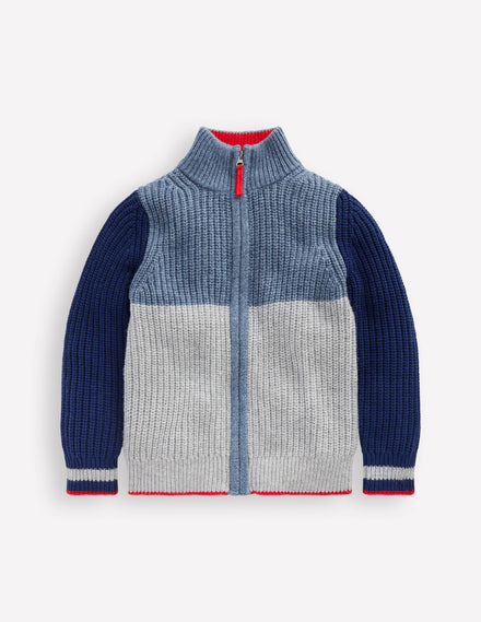 Chunky Zip-Through Jumper-Grey Marl Colour Block