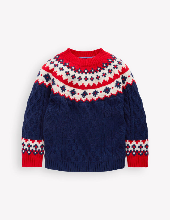 Cable Fair Isle Jumper-Medieval Blue