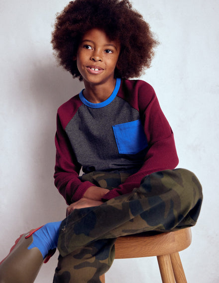 Waffle Mix Raglan-Charcoal Marl/ Rumba Red
