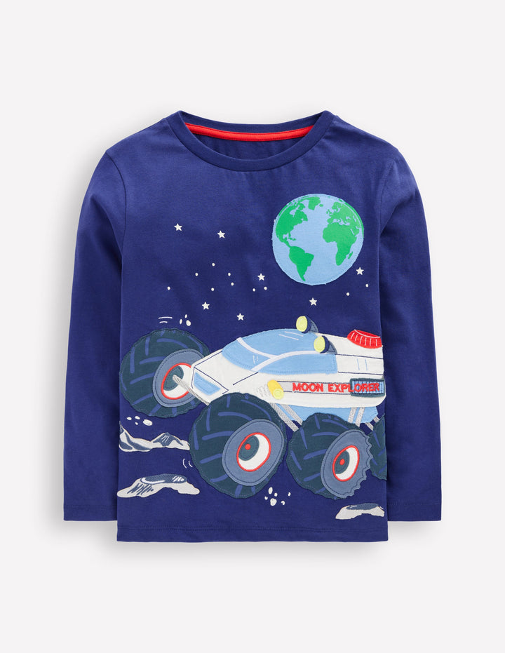 Long Sleeve Appliqué T-shirt-Twilight Blue Moon Explorer