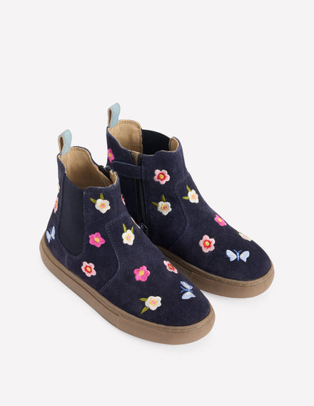 Embroidered Ankle Boots-Navy Floral Embroidery