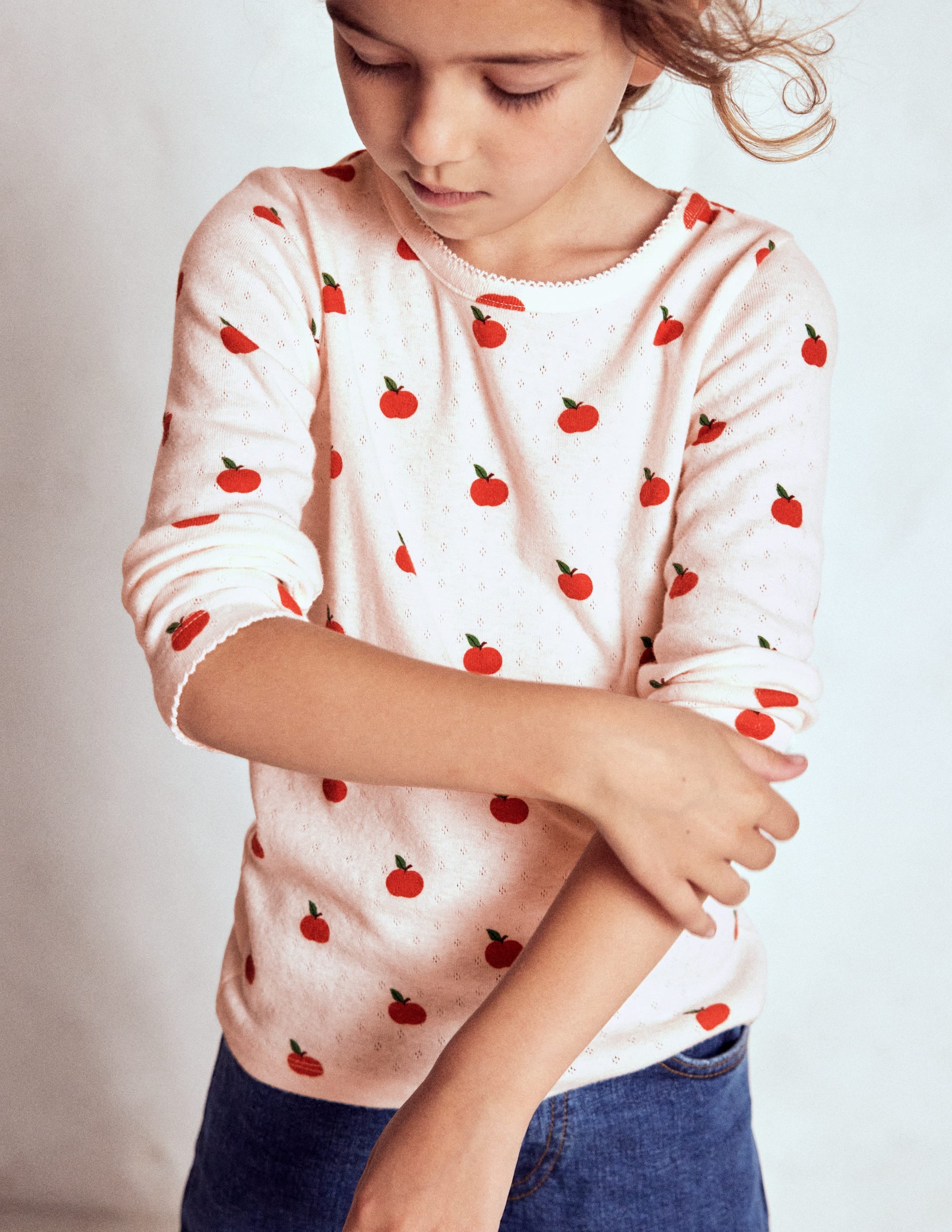 Long Sleeve Pointelle Top-Soft Ivory Little Apples - Image 1