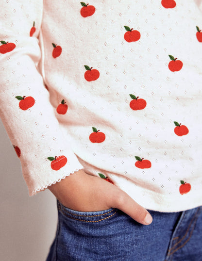 Long Sleeve Pointelle Top-Soft Ivory Little Apples-3