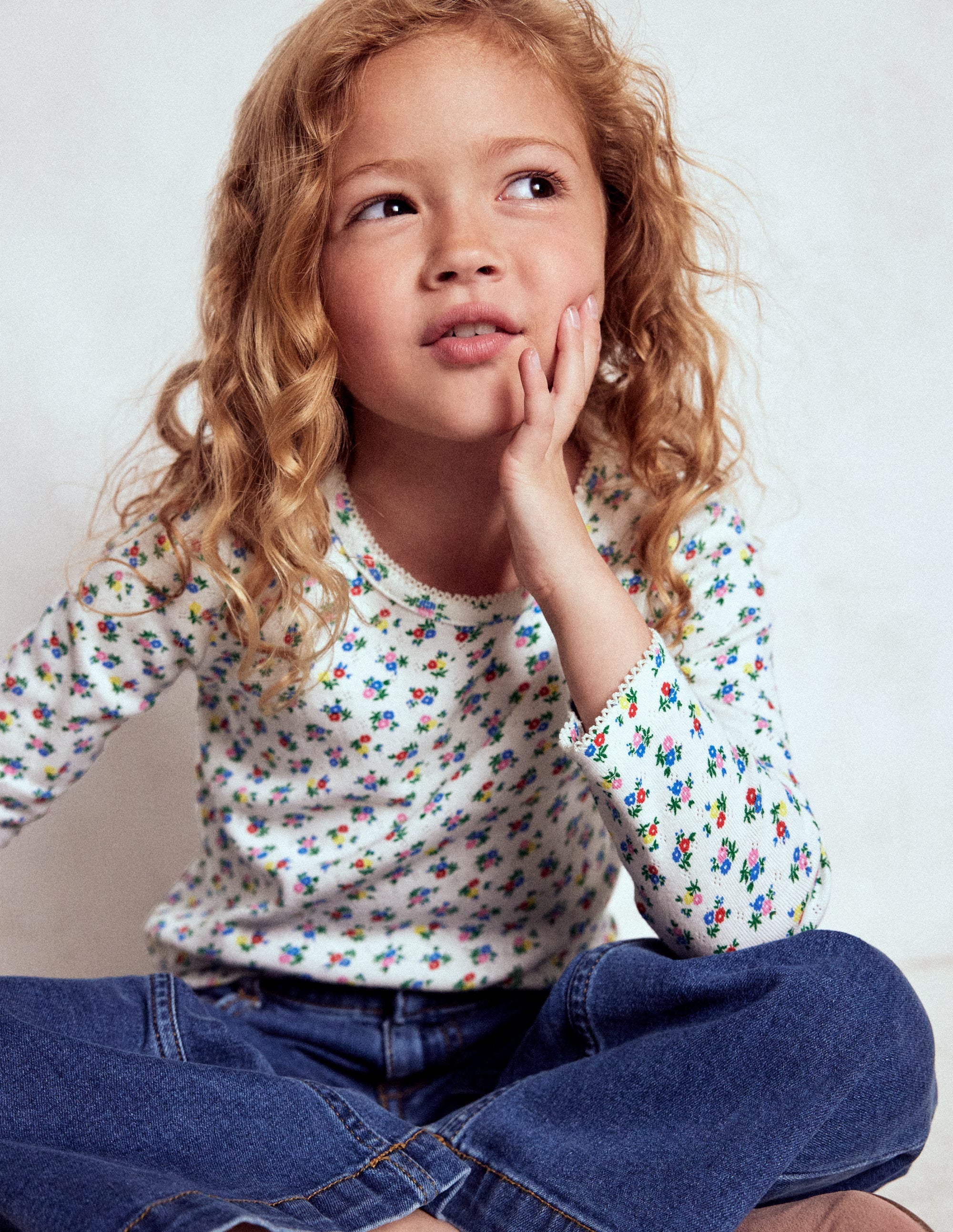 Long Sleeve Pointelle Top-Soft Ivory Ditsy - Image 1