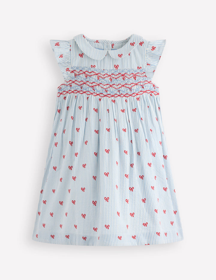 Adeline Smocked Dress-Glacier Blue Spaced Tiny Bows