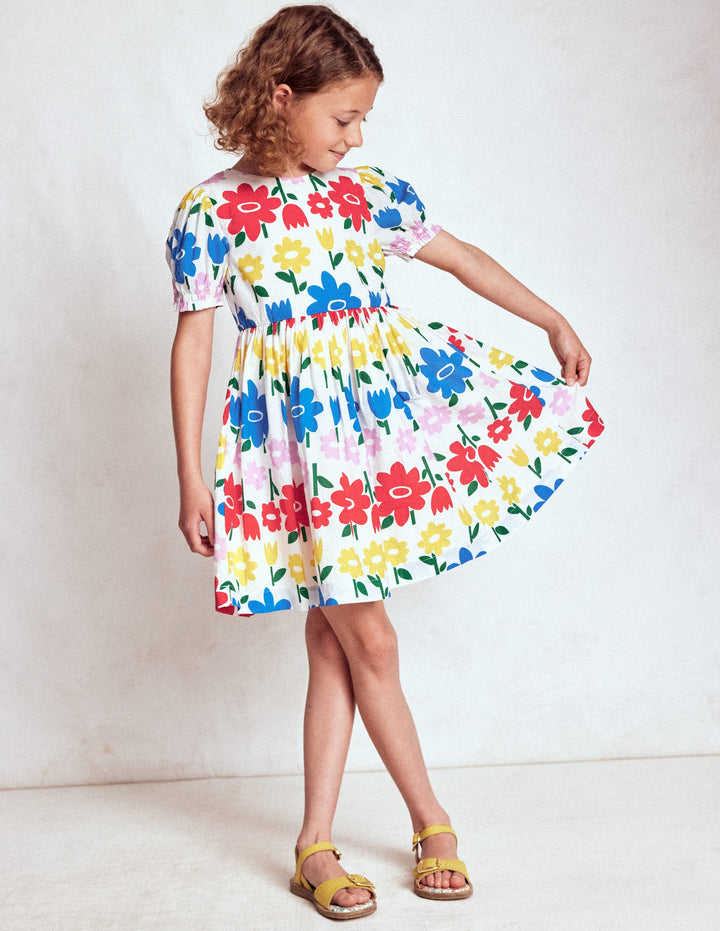 Madeline Woven Dress-Multi Rainbow Flower