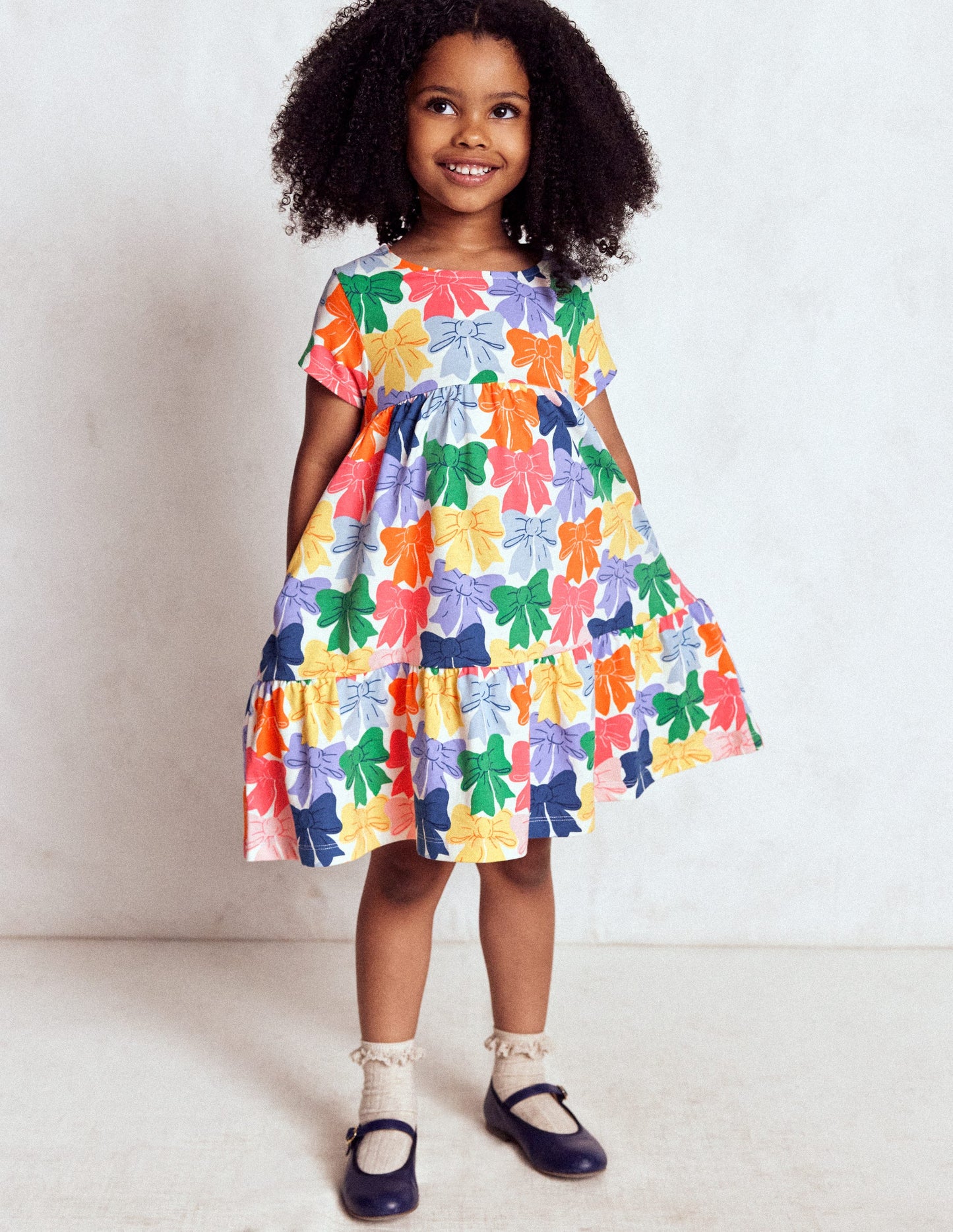 Ariel Twirly Jersey Dress-Multi Rainbow Bows