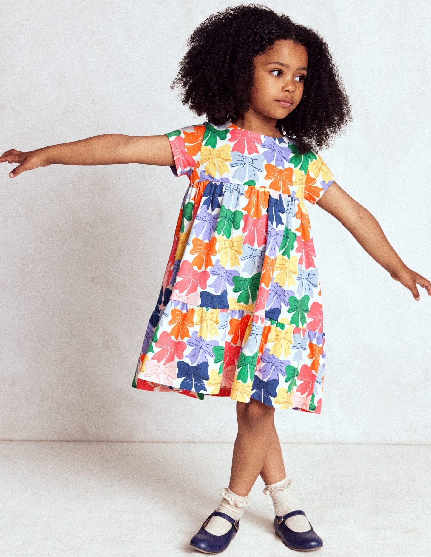 Ariel Twirly Jersey Dress-Multi Rainbow Bows