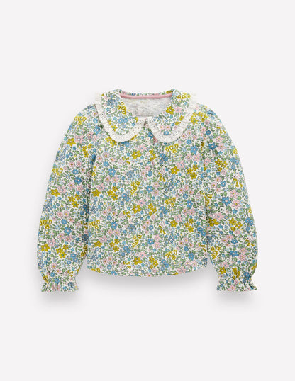 Collared Slub Top-Pear Green Flowerbed-2